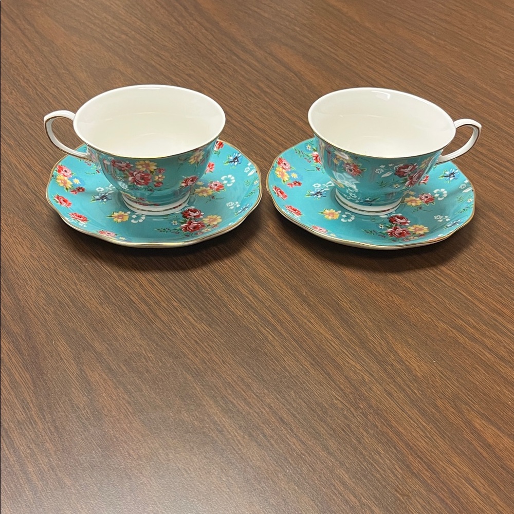 Grace's Teaware Shabby Rose Turquoise porcelain teacup and saucer set,‎ NWOT